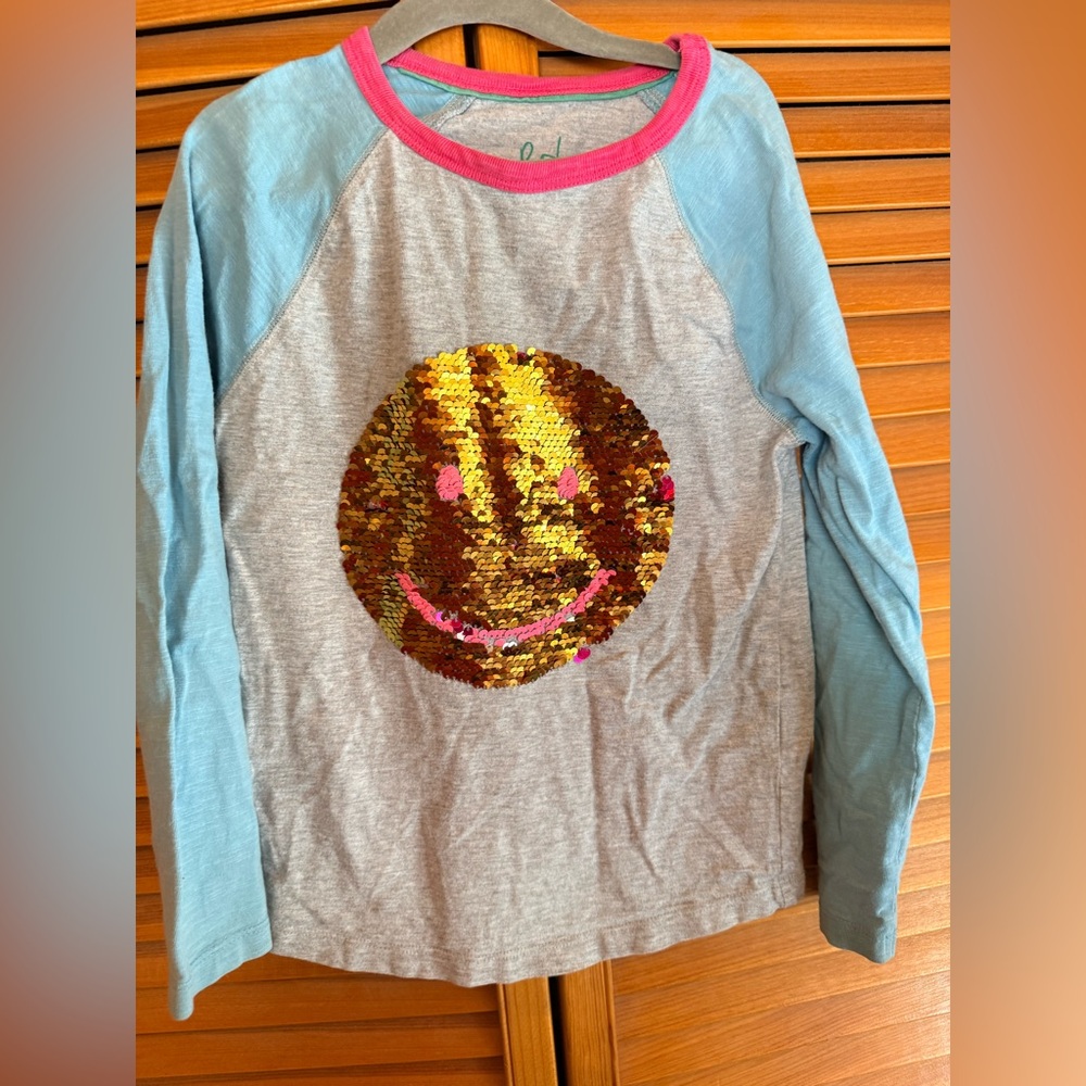 Boden Gray Body Light Blue Raglan Tee with Gold Sequin Smiley